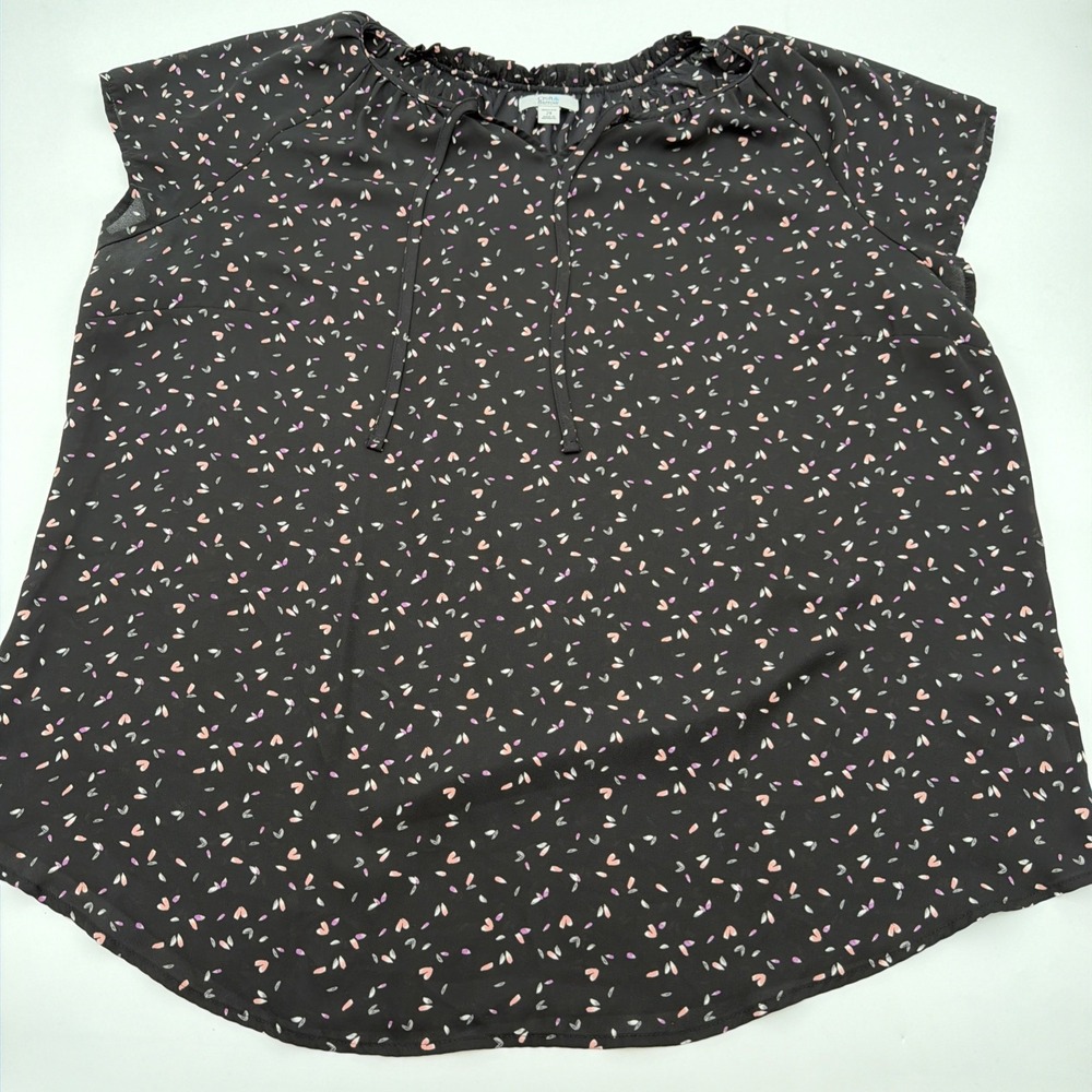 Croft & Barrow Womens Blouse 2XL Black Pink Hearts Short Sleeve Whimsygoth Flowy